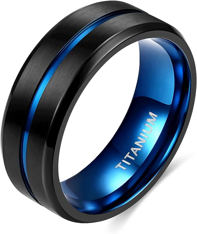 Genuine Titanium Black Blue Groove Center 8mm Wide Ring Wedding Band High Polished Comfort Fit