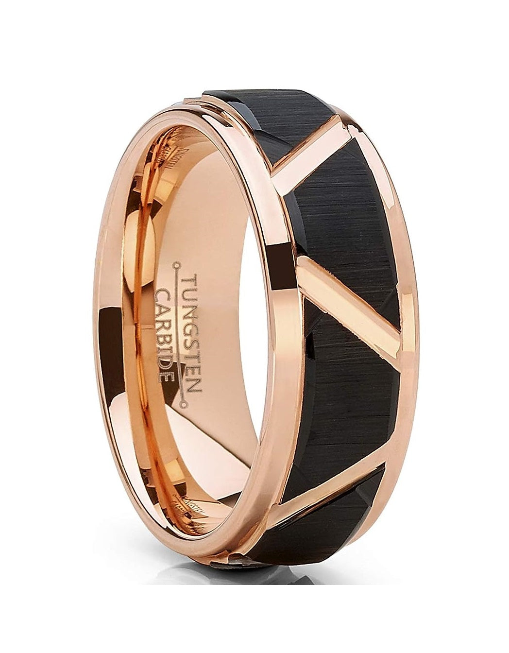 Genuine Carbide Tungsten Color: 8mm Rose Gold Black Inlay High polished inner-face design smooth and shiny. Comfort Fit Wedding Band Size 6-15