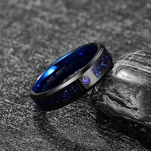 Genuine Carbide Tungsten Color: BLUE Black Celtic Dragon / Blue Carbon Fiber 6mm RING Polished Shiny Comfort Fit Wedding Band Size Size 7-17