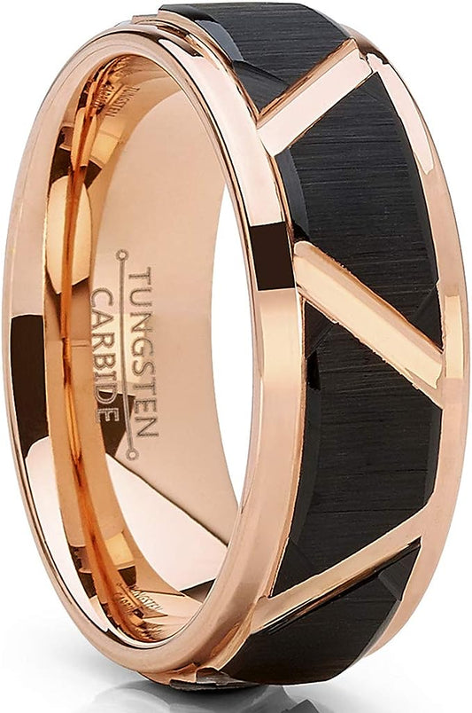 Genuine Carbide Tungsten Color: 8mm Rose Gold Black Inlay High polished inner-face design smooth and shiny. Comfort Fit Wedding Band Size 6-15