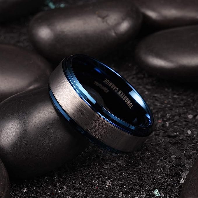 Genuine Carbide Tungsten Color: 8mm Silver Brushed and Blue Inner high polished inner-face design smooth and shiny. Comfort Fit Wedding Band Size 6-1