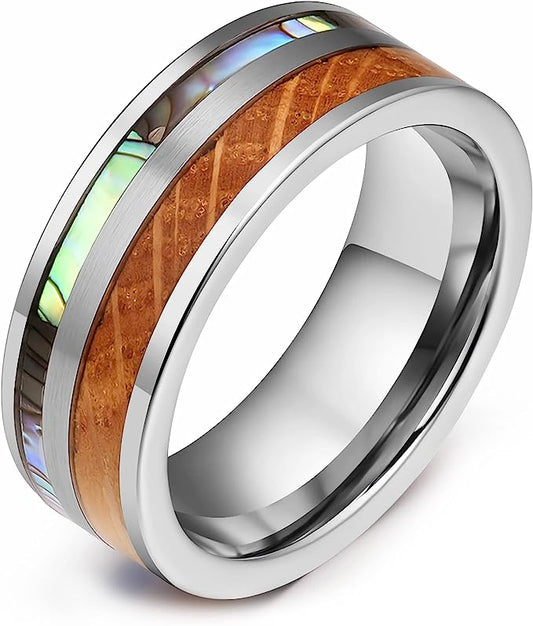 Genuine Carbide Tungsten Color: 8mm deep brown whisky wood and shimmering abalone shell inlay Silver Inner high polished inner-face design smooth and shiny. Comfort Fit Wedding Band Size 6-15