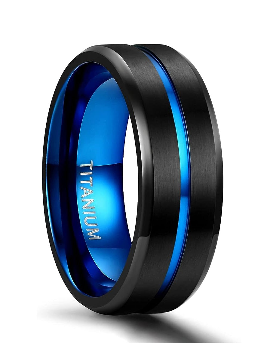 Genuine Titanium Black Blue Groove Center 8mm Wide Ring Wedding Band High Polished Comfort Fit