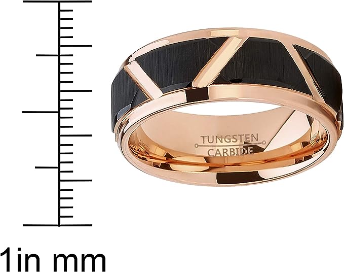 Genuine Carbide Tungsten Color: 8mm Rose Gold Black Inlay High polished inner-face design smooth and shiny. Comfort Fit Wedding Band Size 6-15