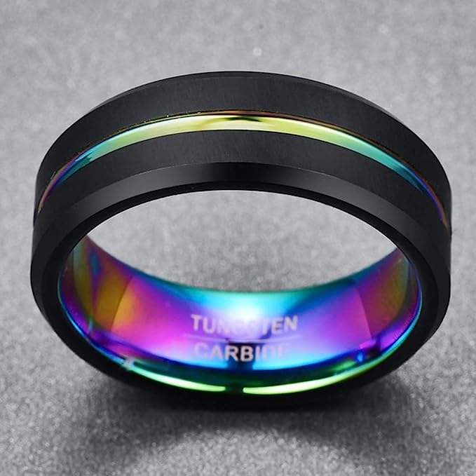 Genuine Tungsten Carbide 8mm green/red/purple/blue multi-color center groove black matte finish polished beveled edge comfort fit wedding band Size 6-15