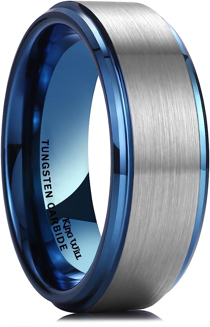 Genuine Carbide Tungsten Color: 8mm Silver Brushed and Blue Inner high polished inner-face design smooth and shiny. Comfort Fit Wedding Band Size 6-1