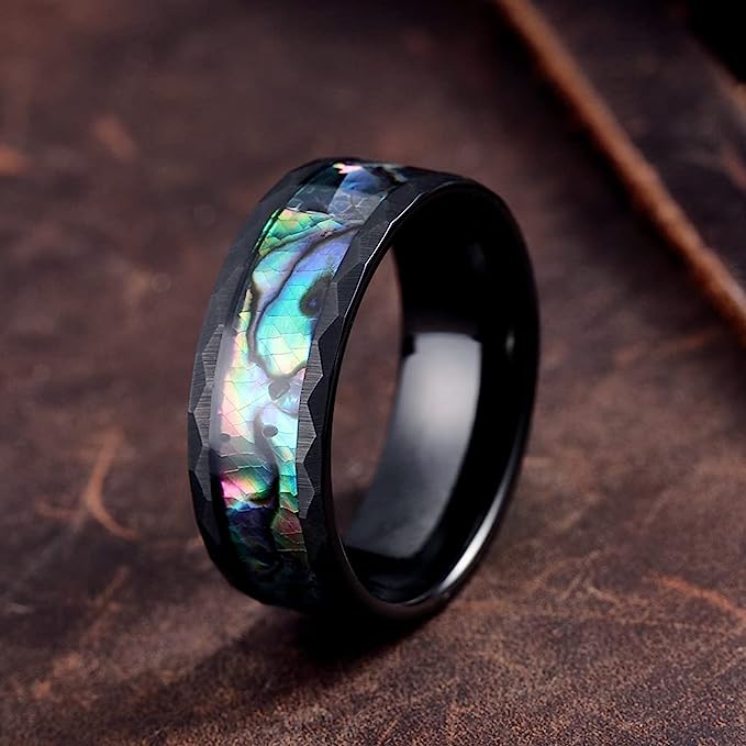 Genuine Carbide Tungsten Color:   BLACK 8mm RING  Hammered Design Abalone Shell Inlay Polished Shiny Comfort Fit Wedding Band Size 6-15