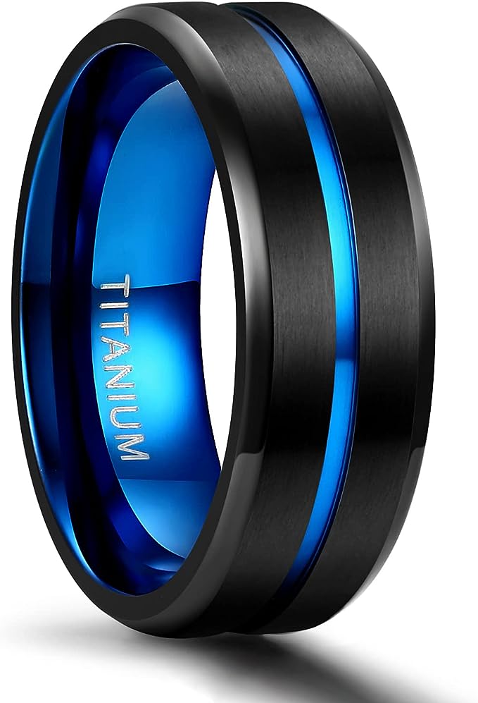 Genuine Titanium Black Blue Groove Center 8mm Wide Ring Wedding Band High Polished Comfort Fit