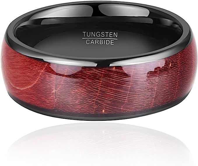 Genuine Carbide Tungsten Color: BLACK RED Burl Wood Inlay Center Inlay 8mm RING Polished Shiny Comfort Fit Wedding Band Size Size 7-12