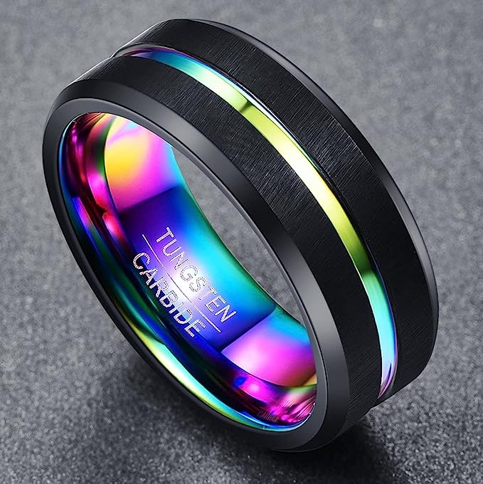 Genuine Tungsten Carbide 8mm green/red/purple/blue multi-color center groove black matte finish polished beveled edge comfort fit wedding band Size 6-15