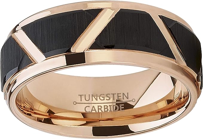 Genuine Carbide Tungsten Color: 8mm Rose Gold Black Inlay High polished inner-face design smooth and shiny. Comfort Fit Wedding Band Size 6-15