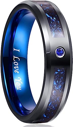 Genuine Carbide Tungsten Color: BLUE Black Celtic Dragon / Blue Carbon Fiber 6mm RING Polished Shiny Comfort Fit Wedding Band Size Size 7-17