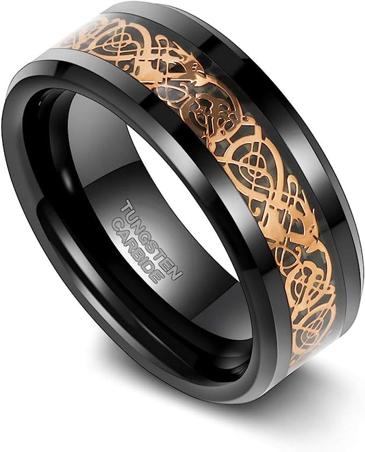 Genuine Carbide Tungsten Color: BLACK GOLD Celtic Dragon BLACK Fiber Inlay 8mm RING Polished Shiny Comfort Fit Wedding Band Size Size 6-15