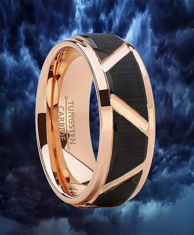 Genuine Carbide Tungsten Color: 8mm Rose Gold Black Inlay High polished inner-face design smooth and shiny. Comfort Fit Wedding Band Size 6-15