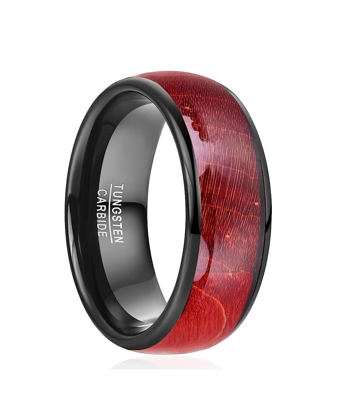 Genuine Carbide Tungsten Color: BLACK RED Burl Wood Inlay Center Inlay 8mm RING Polished Shiny Comfort Fit Wedding Band Size Size 7-12