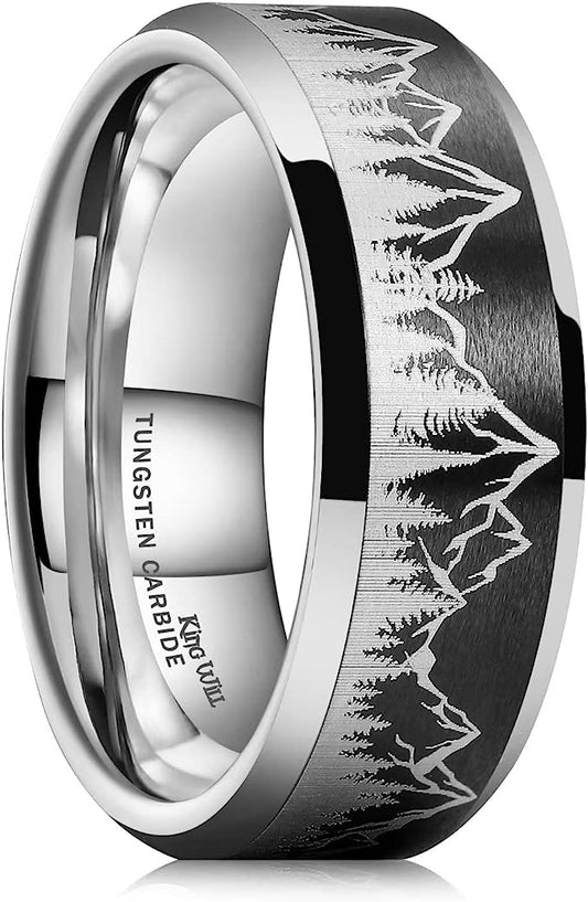 Genuine Carbide Tungsten Color: SILVER/BLACK 8mm Laser 8mm Ring Silver Matte Lasered Mountains and Trees Pattern, an artistic design style. Gorgeous Stunning Polished Shiny Comfort Fit Wedding Band Size Size 6-15