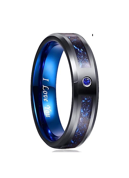 Genuine Carbide Tungsten Color: BLUE Black Celtic Dragon / Blue Carbon Fiber 6mm RING Polished Shiny Comfort Fit Wedding Band Size Size 7-17