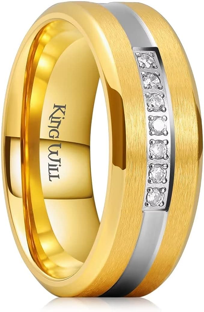 Genuine Titanium Golden Silver 8mm Wide Ring Cubic Zirconia Eternity High Polished Comfort Fit.