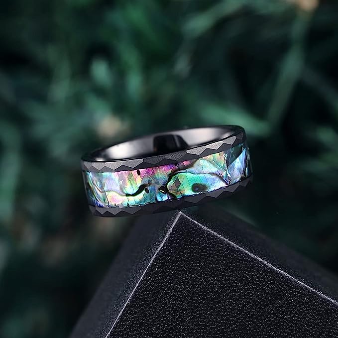 Genuine Carbide Tungsten Color:   BLACK 8mm RING  Hammered Design Abalone Shell Inlay Polished Shiny Comfort Fit Wedding Band Size 6-15