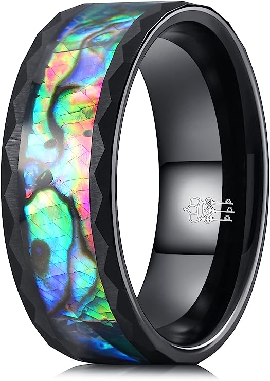 Genuine Carbide Tungsten Color:   BLACK 8mm RING  Hammered Design Abalone Shell Inlay Polished Shiny Comfort Fit Wedding Band Size 6-15