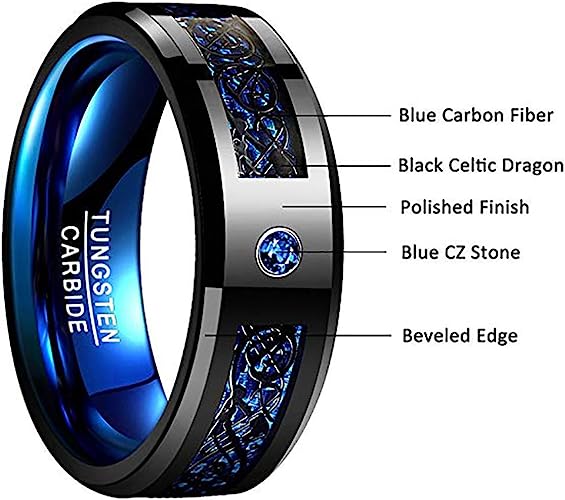 Genuine Carbide Tungsten Color: BLUE Black Celtic Dragon / Blue Carbon Fiber 8mm RING Polished Shiny Comfort Fit Wedding Band Size Size 7-17