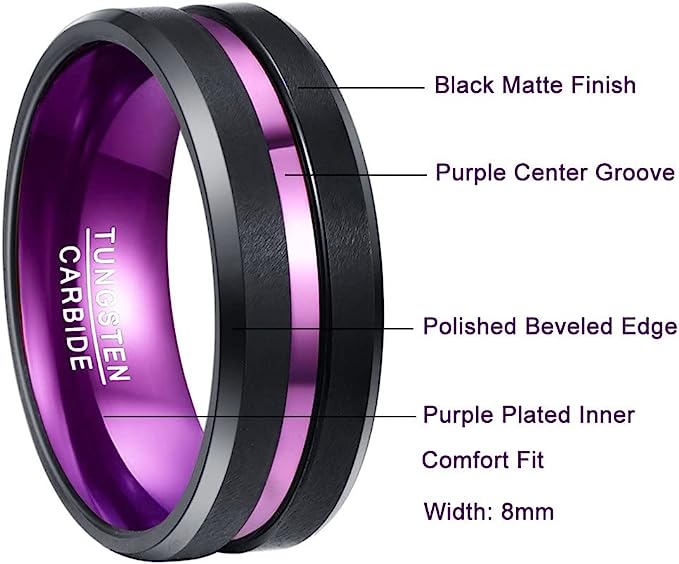 Genuine Tungsten Carbide 8mm Ring Purple Grooved Black Matte Finish Polished Beveled Edge Comfort Fit  Size 6-15