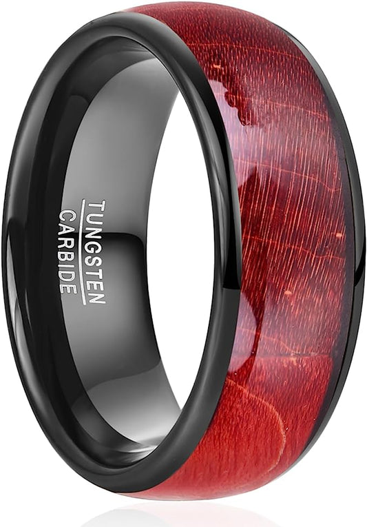 Genuine Carbide Tungsten Color: BLACK RED Burl Wood Inlay Center Inlay 8mm RING Polished Shiny Comfort Fit Wedding Band Size Size 7-12