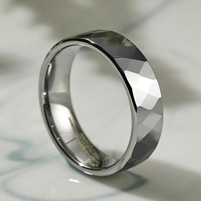 Genuine Carbide Tungsten Color: Silver Multi Faceted Edge Center 6mm RING   High Polish inner face makes it smooth and shiny Comfort Fit Wedding Band Size 6-15