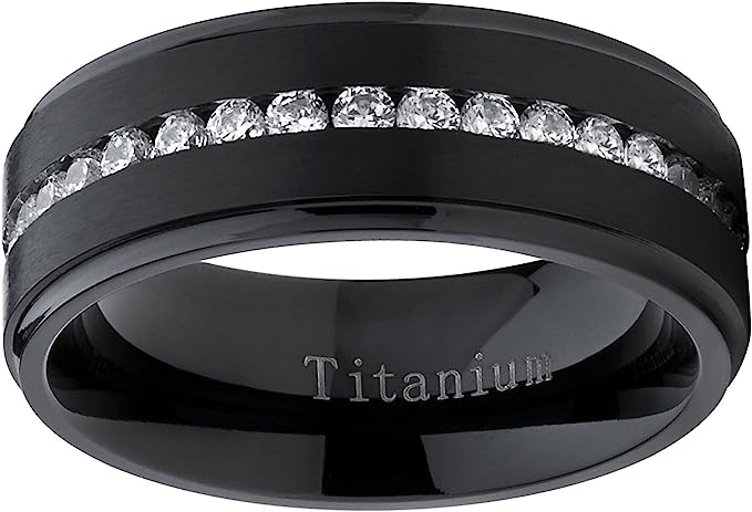 Genuine Titanium Black 8mm Wide Ring Cubic Zirconia Eternity High Polished Comfort Fit.