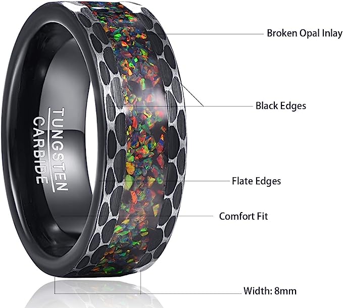 Genuine Carbide Tungsten Color: BLACK Crushed Created-opal Inlaid Brushed Center Inlay 8mm RING Polished Shiny Comfort Fit Wedding Band Size Size 7-12