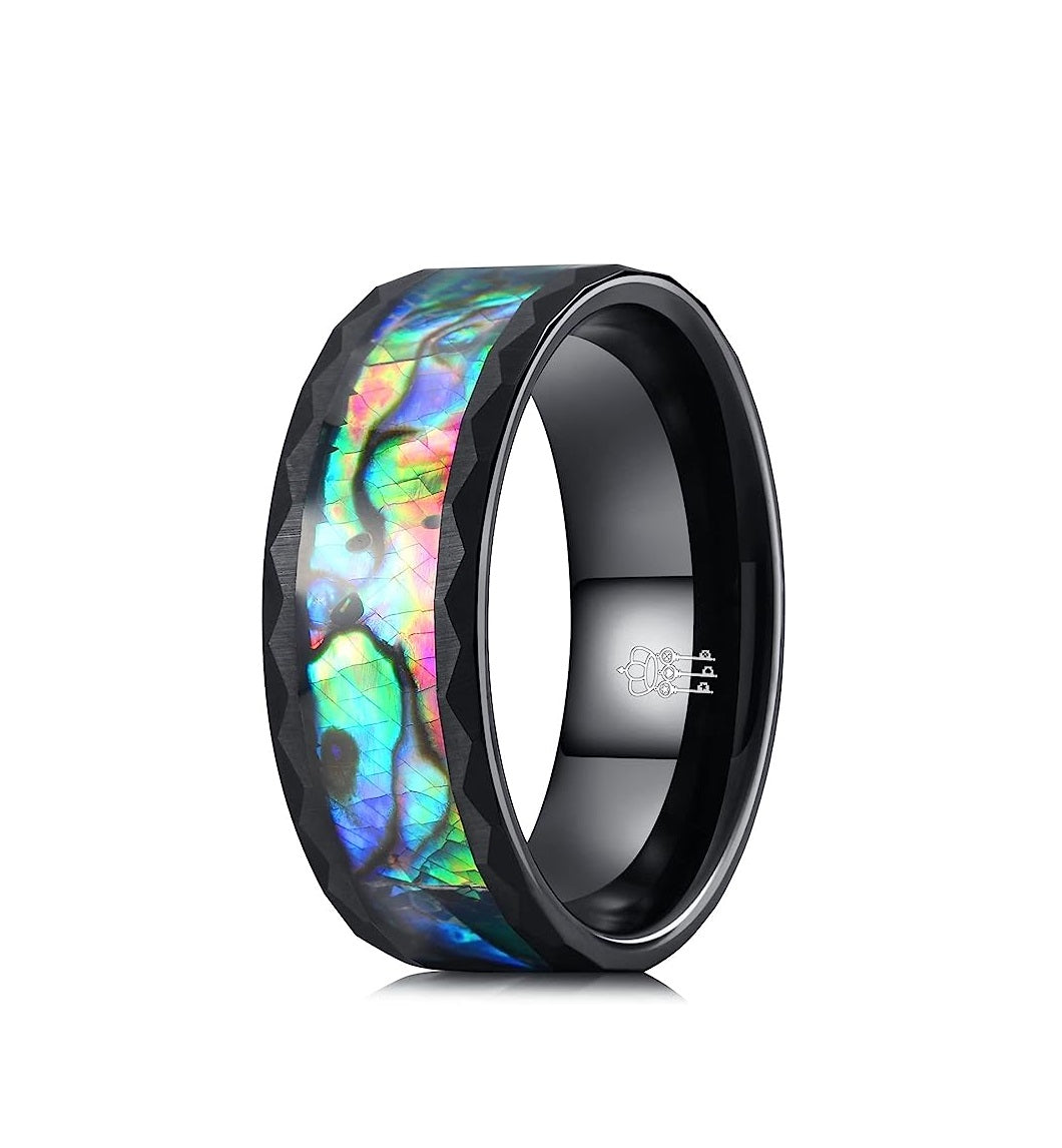 Genuine Carbide Tungsten Color:   BLACK 8mm RING  Hammered Design Abalone Shell Inlay Polished Shiny Comfort Fit Wedding Band Size 6-15