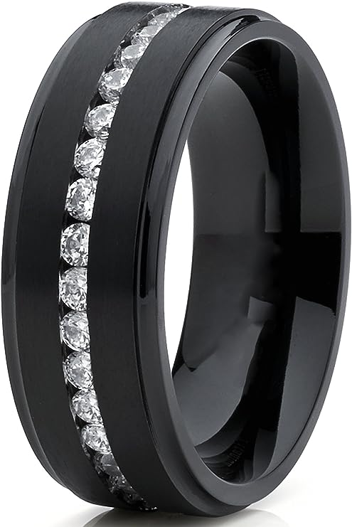 Genuine Titanium Black 8mm Wide Ring Cubic Zirconia Eternity High Polished Comfort Fit.