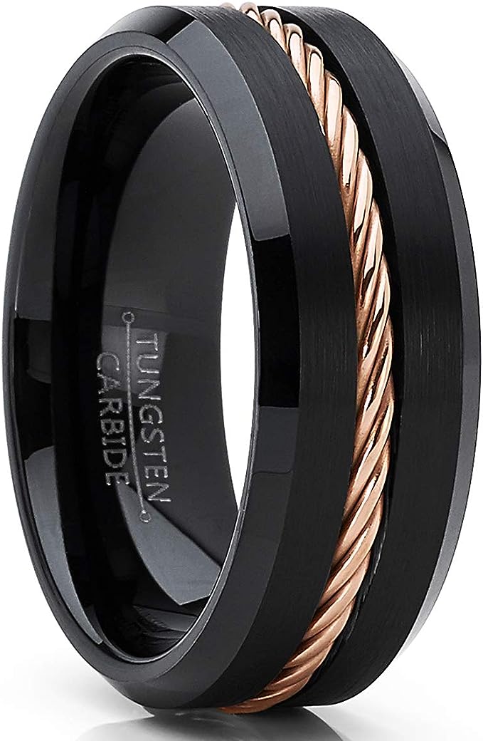 Genuine Carbide Tungsten Color: 8mm Black Gold Steel Wire Line Inlay High polished inner-face design smooth and shiny. Comfort Fit Wedding Band Size 6-15