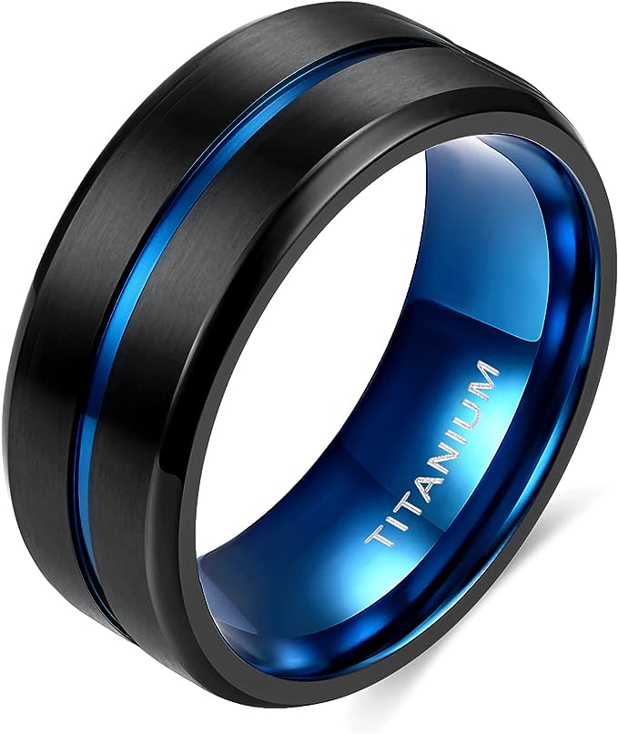 Genuine Titanium Black Blue Groove Center 10mm Wide Ring Wedding Band High Polished Comfort Fit.