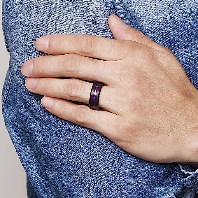 Genuine Tungsten Carbide 8mm Ring Purple Grooved Black Matte Finish Polished Beveled Edge Comfort Fit  Size 6-15