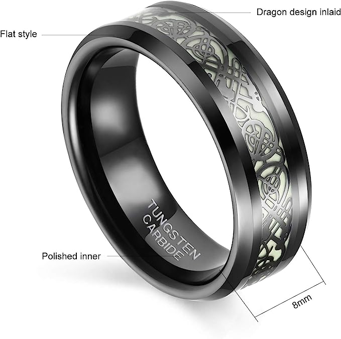 Genuine Carbide Tungsten Color: BLACK Celtic Dragon GREEN GLOW LORD Fiber Inlay 8mm RING Polished Shiny Comfort Fit Wedding Band Size Size 6-15