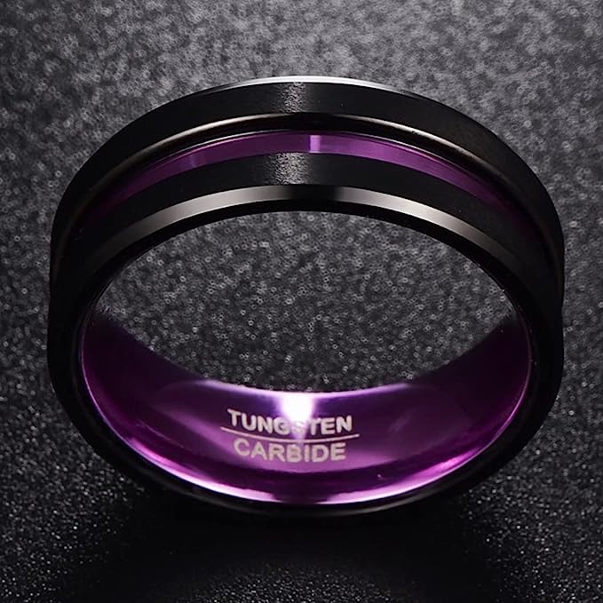 Genuine Tungsten Carbide 8mm Ring Purple Grooved Black Matte Finish Polished Beveled Edge Comfort Fit  Size 6-15