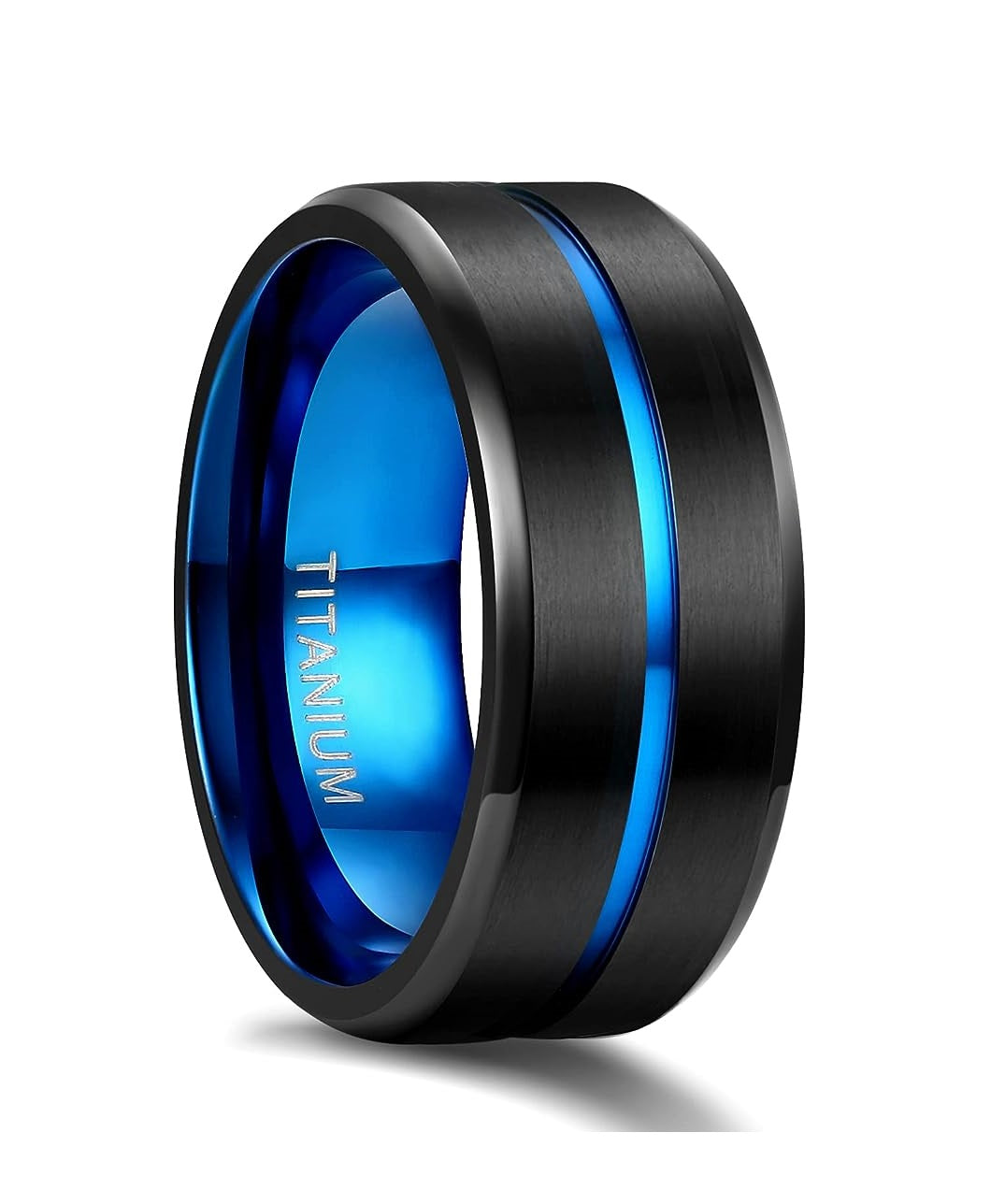 Genuine Titanium Black Blue Groove Center 10mm Wide Ring Wedding Band High Polished Comfort Fit.