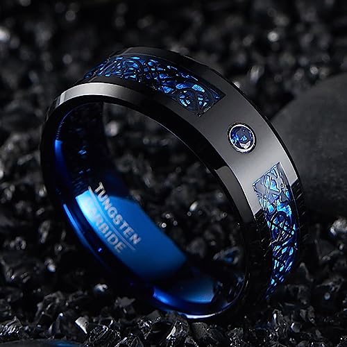 Genuine Carbide Tungsten Color: BLUE Black Celtic Dragon / Blue Carbon Fiber 8mm RING Polished Shiny Comfort Fit Wedding Band Size Size 7-17