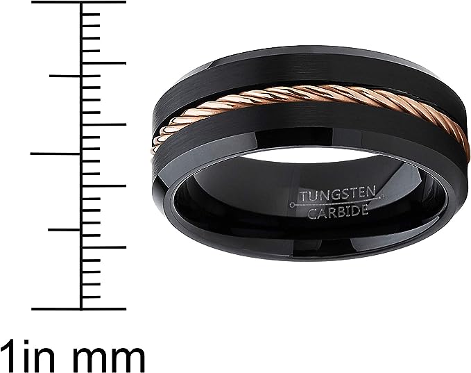 Genuine Carbide Tungsten Color: 8mm Black Gold Steel Wire Line Inlay High polished inner-face design smooth and shiny. Comfort Fit Wedding Band Size 6-15