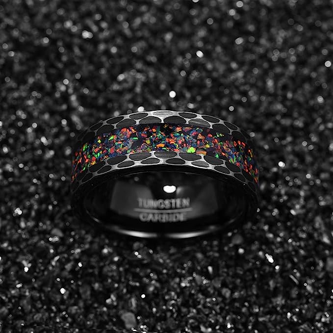 Genuine Carbide Tungsten Color: BLACK Crushed Created-opal Inlaid Brushed Center Inlay 8mm RING Polished Shiny Comfort Fit Wedding Band Size Size 7-12