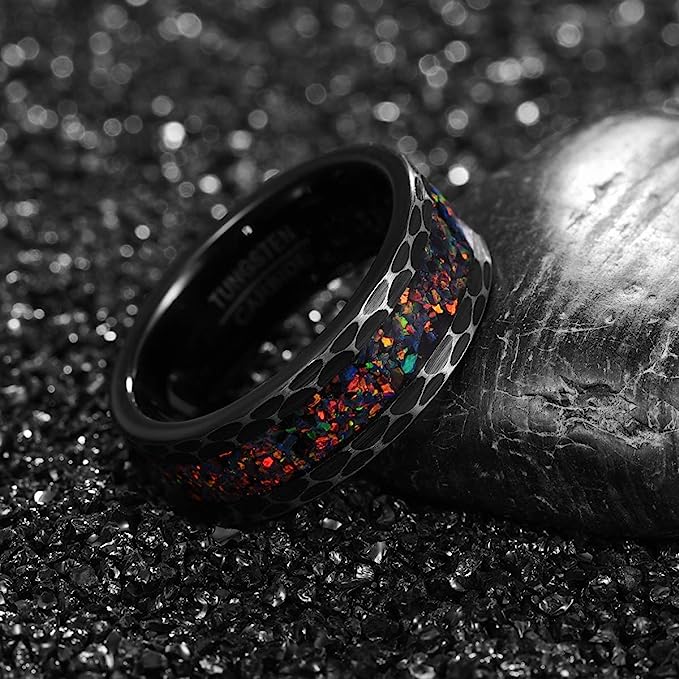 Genuine Carbide Tungsten Color: BLACK Crushed Created-opal Inlaid Brushed Center Inlay 8mm RING Polished Shiny Comfort Fit Wedding Band Size Size 7-12