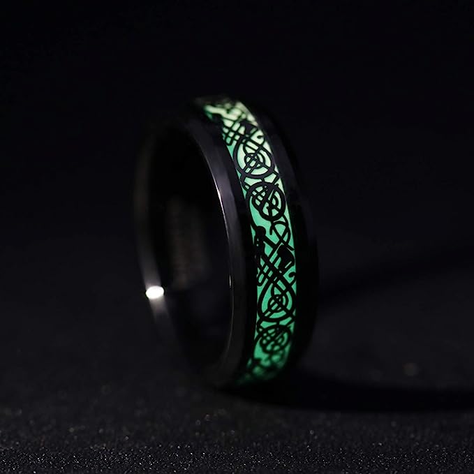 Genuine Carbide Tungsten Color: BLACK Celtic Dragon GREEN GLOW LORD Fiber Inlay 8mm RING Polished Shiny Comfort Fit Wedding Band Size Size 6-15