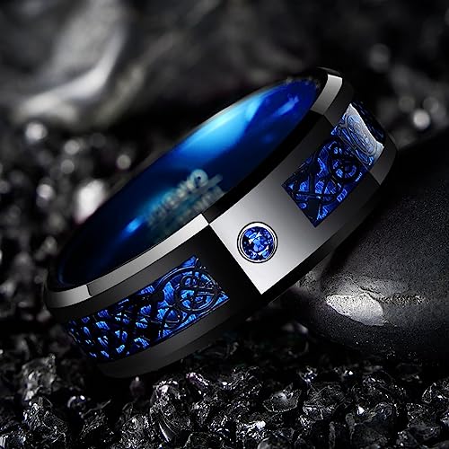 Genuine Carbide Tungsten Color: BLUE Black Celtic Dragon / Blue Carbon Fiber 8mm RING Polished Shiny Comfort Fit Wedding Band Size Size 7-17