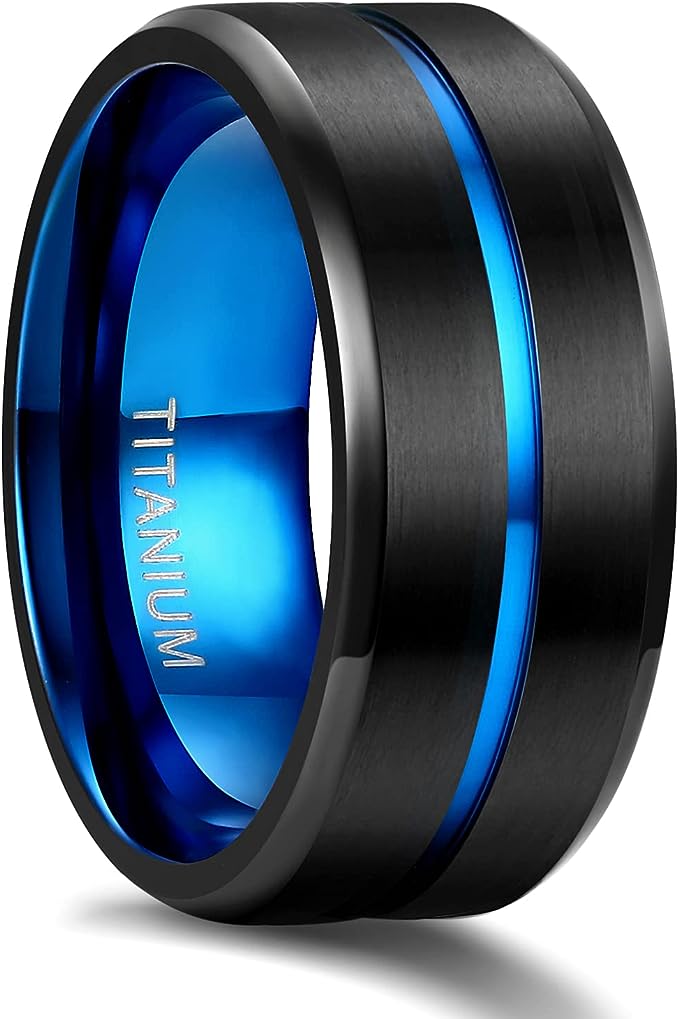 Genuine Titanium Black Blue Groove Center 10mm Wide Ring Wedding Band High Polished Comfort Fit.