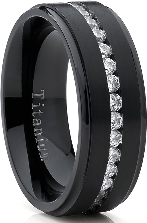 Genuine Titanium Black 8mm Wide Ring Cubic Zirconia Eternity High Polished Comfort Fit.