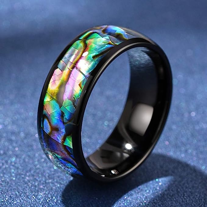 Genuine Carbide Tungsten Color:   BLACK 8mm RING Abalone Shell Inlay Polished Shiny Comfort Fit Wedding Band Size 6-15