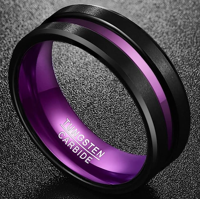 Genuine Tungsten Carbide 8mm Ring Purple Grooved Black Matte Finish Polished Beveled Edge Comfort Fit  Size 6-15