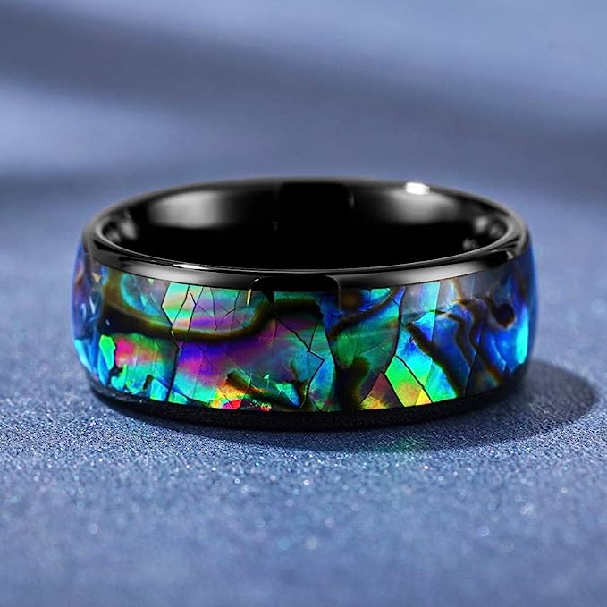 Genuine Carbide Tungsten Color:   BLACK 8mm RING Abalone Shell Inlay Polished Shiny Comfort Fit Wedding Band Size 6-15