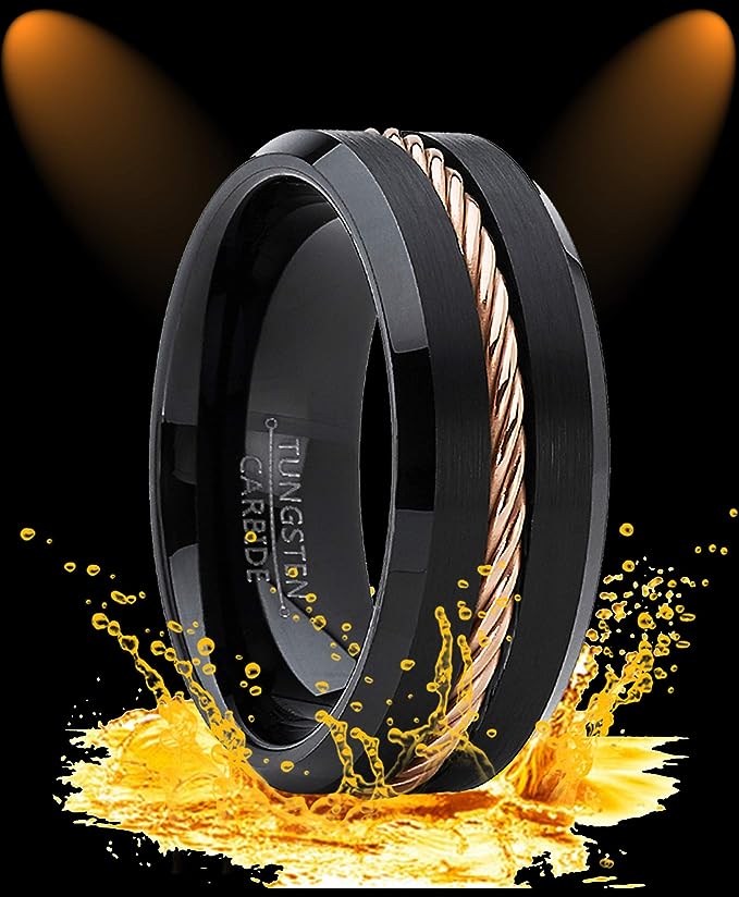 Genuine Carbide Tungsten Color: 8mm Black Gold Steel Wire Line Inlay High polished inner-face design smooth and shiny. Comfort Fit Wedding Band Size 6-15